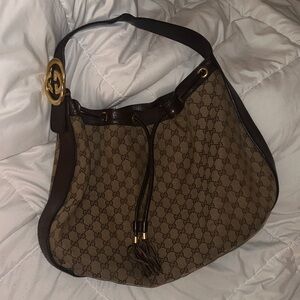 Gucci Tan and Brown Hobo Bag with Gold Accents